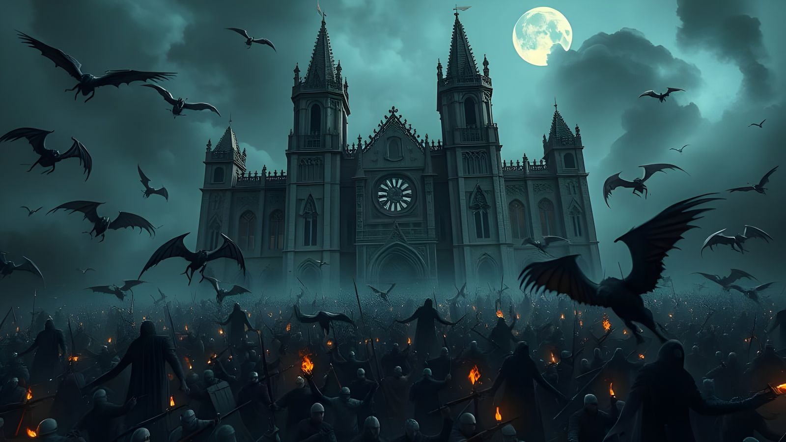 Epic Medieval Cathedral Under Siege by Dark Creatures in Moo...