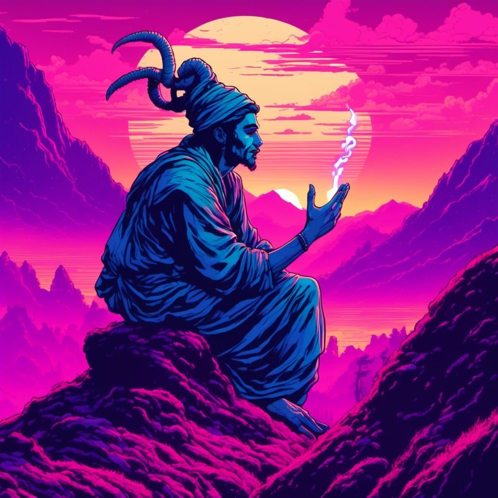 a djinn creating in solitude on a mountain side.