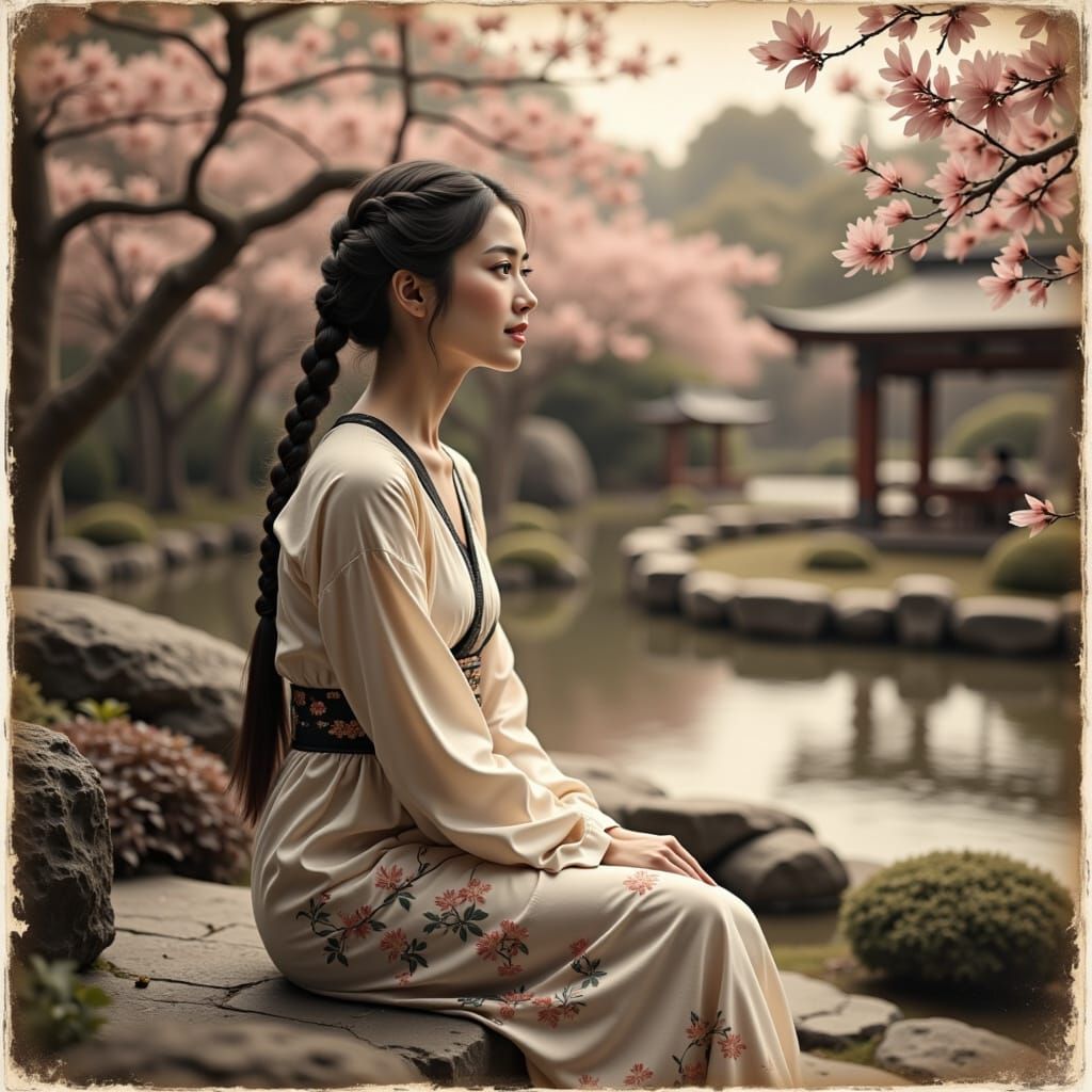 Serene Japanese Garden Scene with Woman