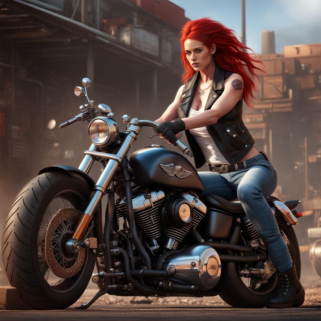 Redhead Biker Repairs Harley in Detailed Digital Painting