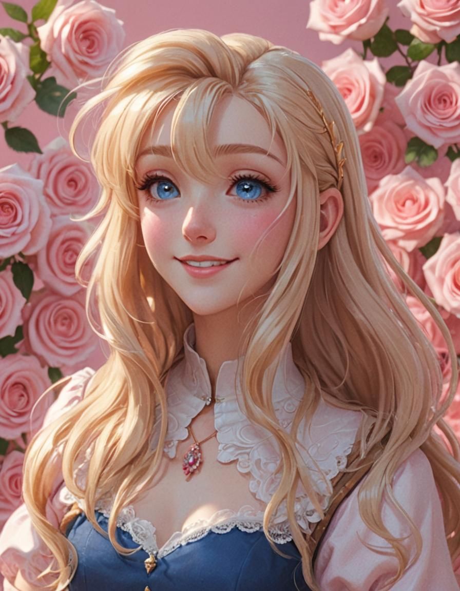 Anime Girl with Blonde Hair and Pink Roses