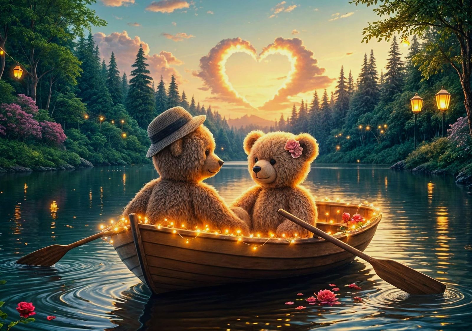 Romantic Teddy Bears Serenade on Tranquil Lake