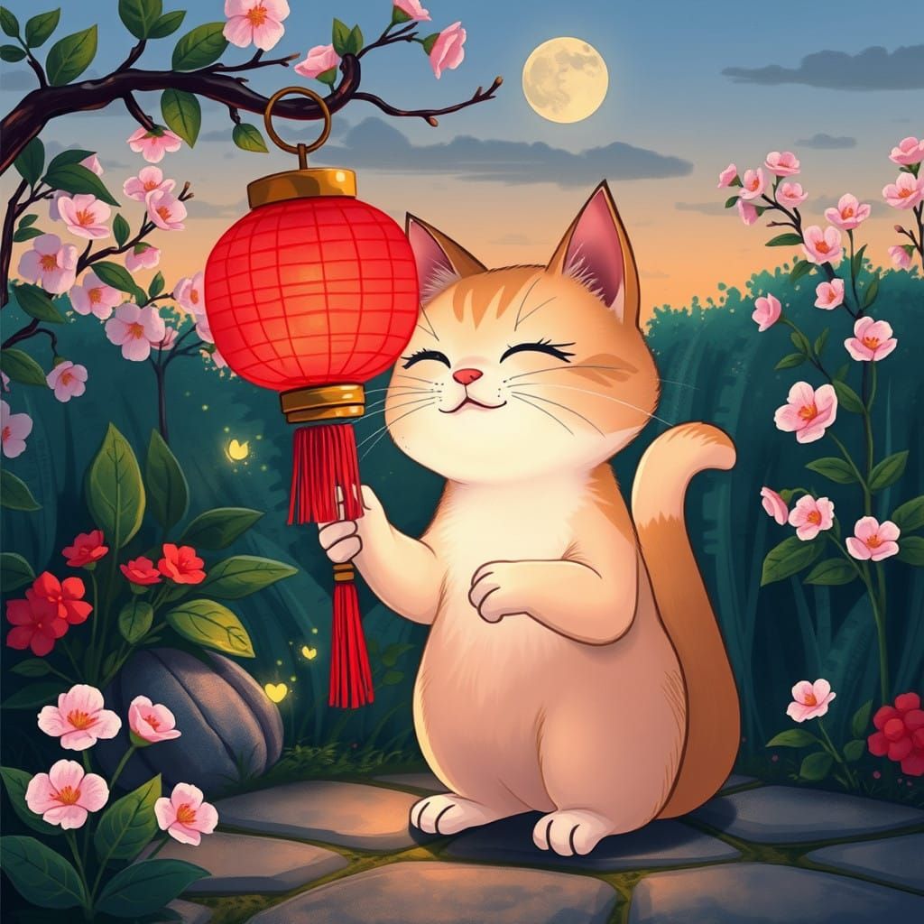 Anime Cat Illuminates Dreamy Garden Scene in Watercolor Styl...