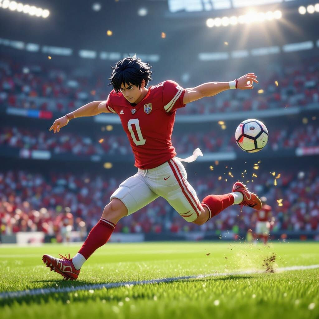 Football Player Mid-Kick in 3D Anime Style