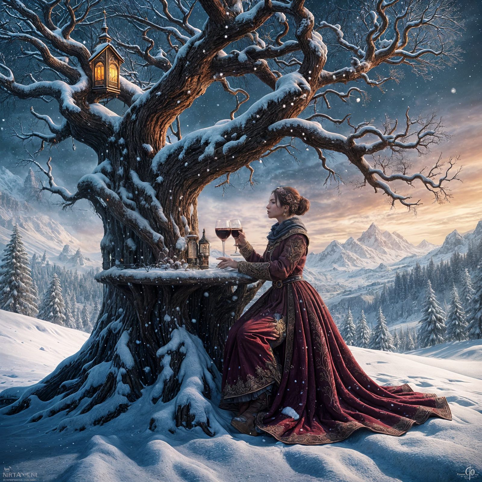 Woman with Reindeer in Snowy Fantasy Art
