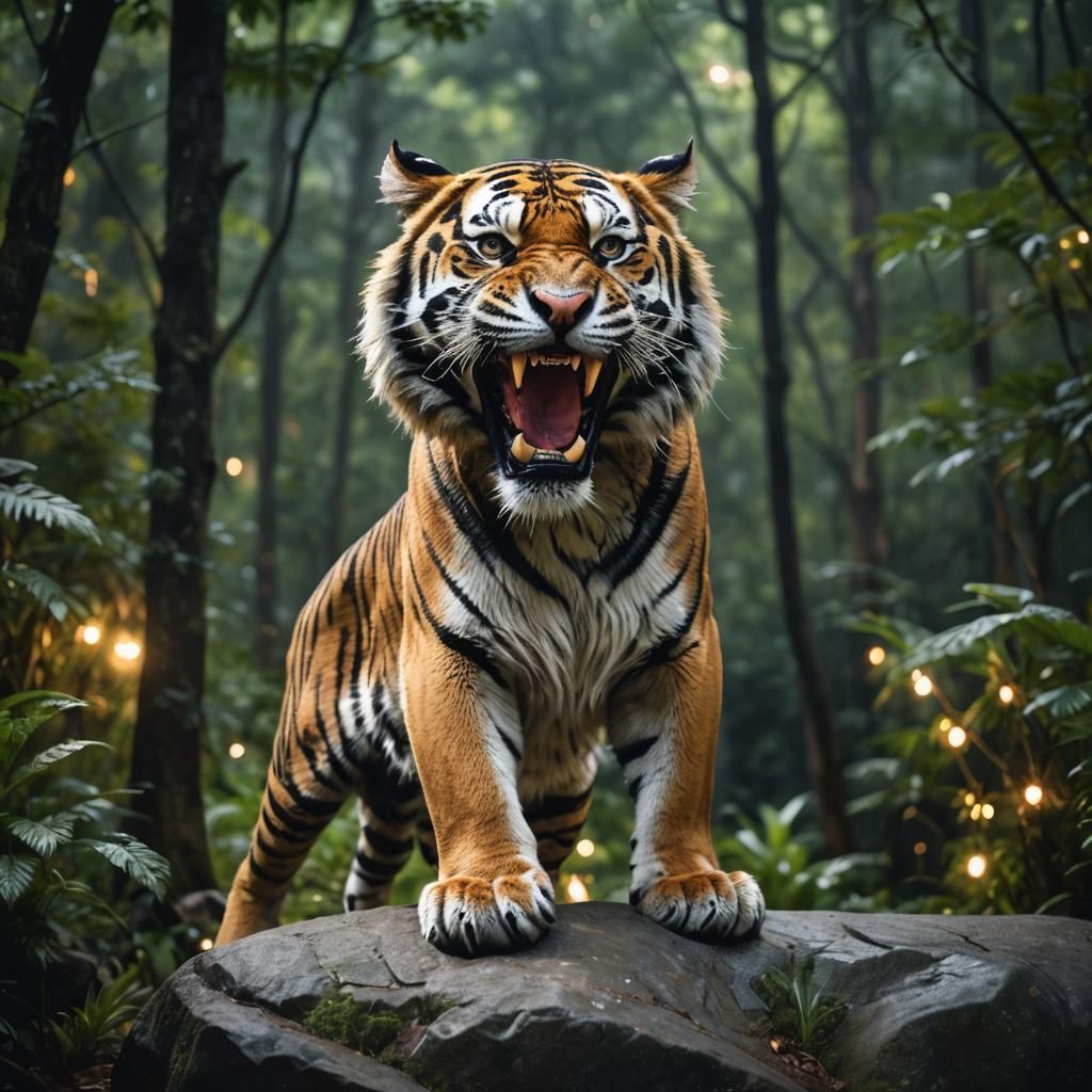 Tiger Snarling in Lush Forest at Night