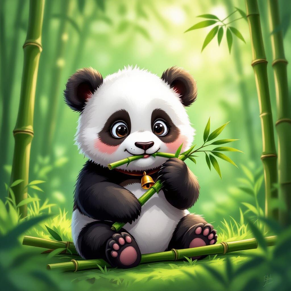 Adorable Panda Cub Enjoys Bamboo: Digital Art