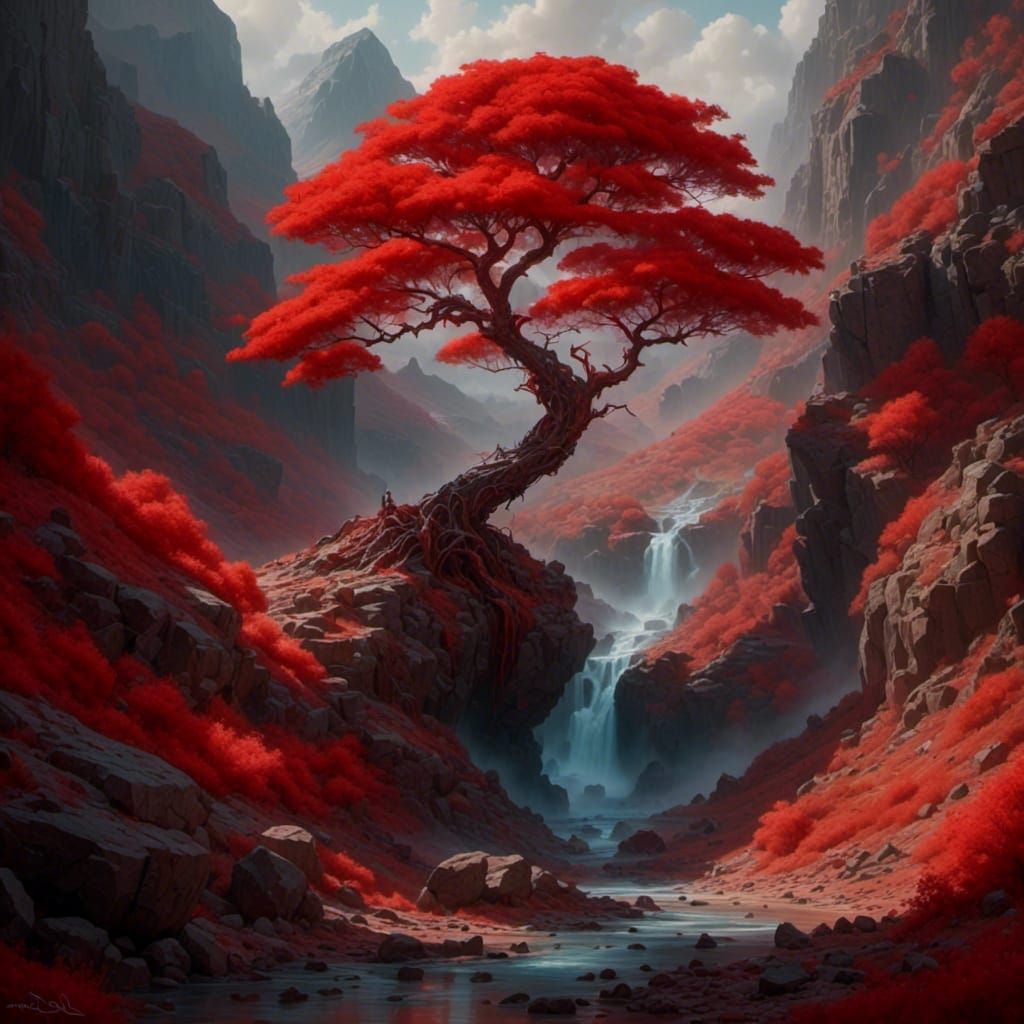 Vibrant Red Tree on Rocky Terrain in 3D Render