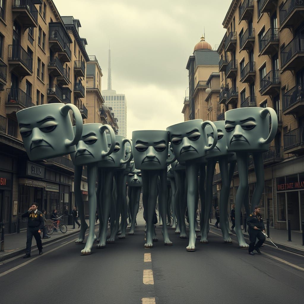 Surreal March of Giant Sad Coffee Mugs