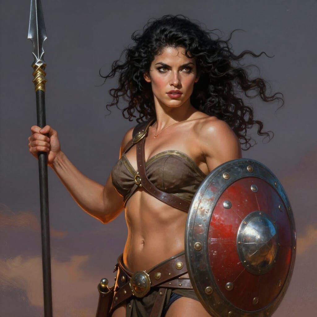 Warrior Woman With Spear and Shield, Vivid Colors