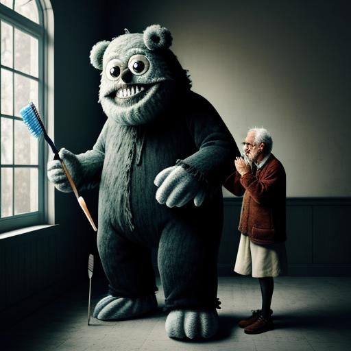 Creepy Plush Monster with Oversized Toothbrush: 3D Photo
