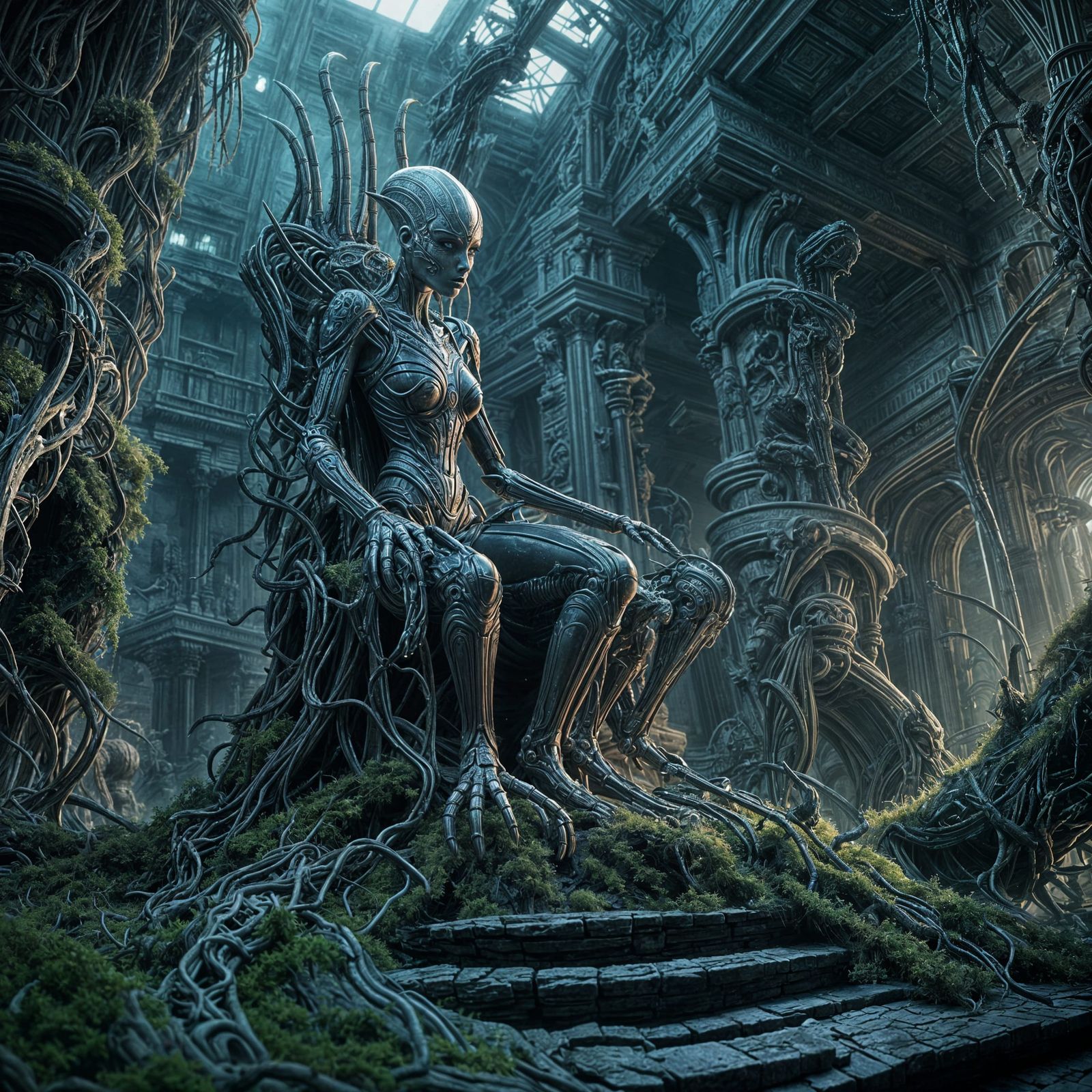 Alien Queen on Biomechanoid Throne: Epic Digital Painting