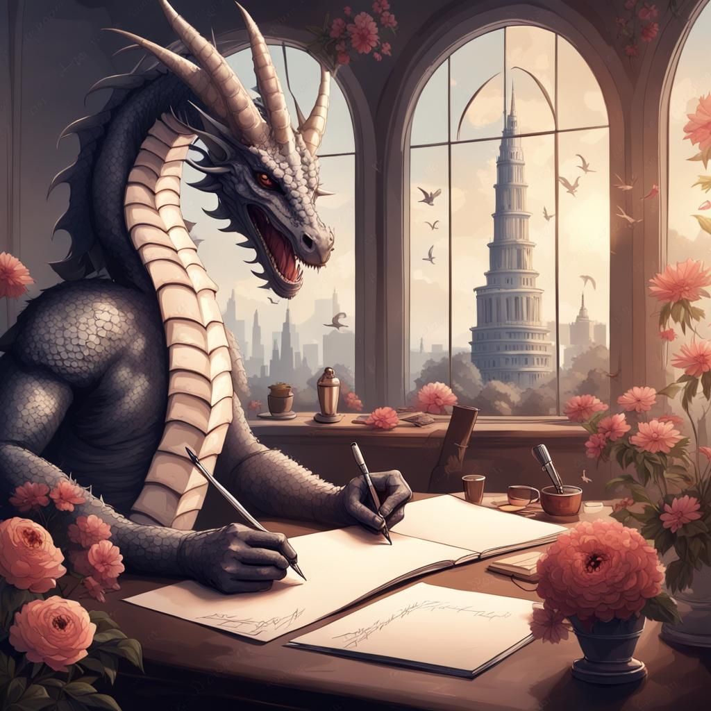 Dragon-Tentacled Creature Writes Letter in Fantasy Office