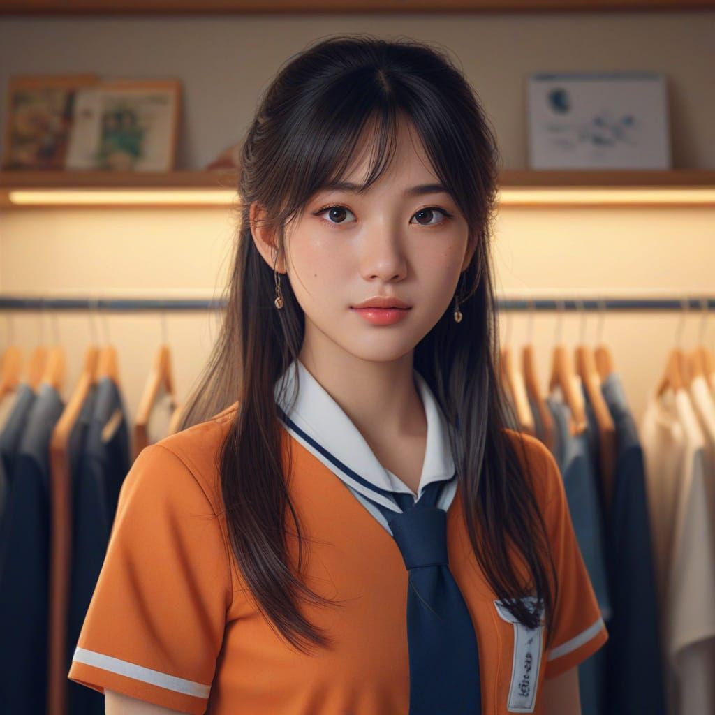 Ethereal Japanese Girl in Dressing Room, Golden Hour Light