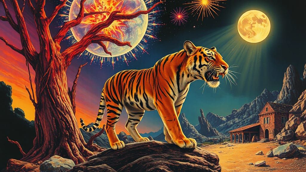 Surreal Burning Tiger: Psychedelic Dark Fantasy Art
