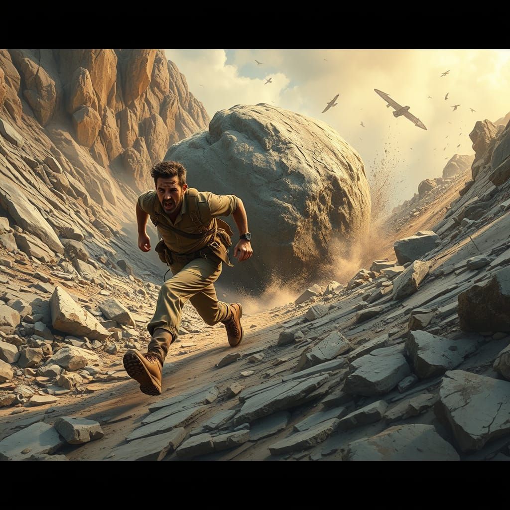 Man Chases Ancient Boulder Down Rocky Hillside in Cinematic ...