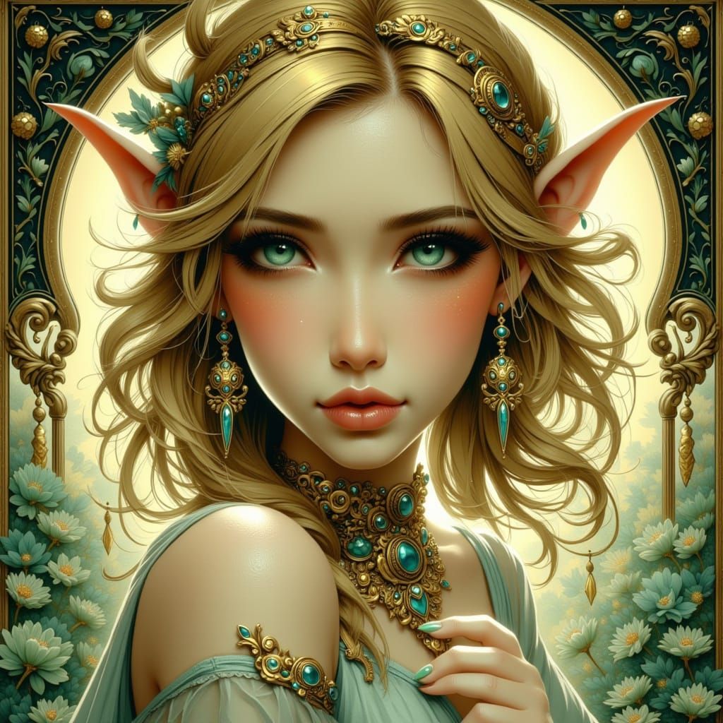 Elf Woman in Art Nouveau Style with Ethereal Light