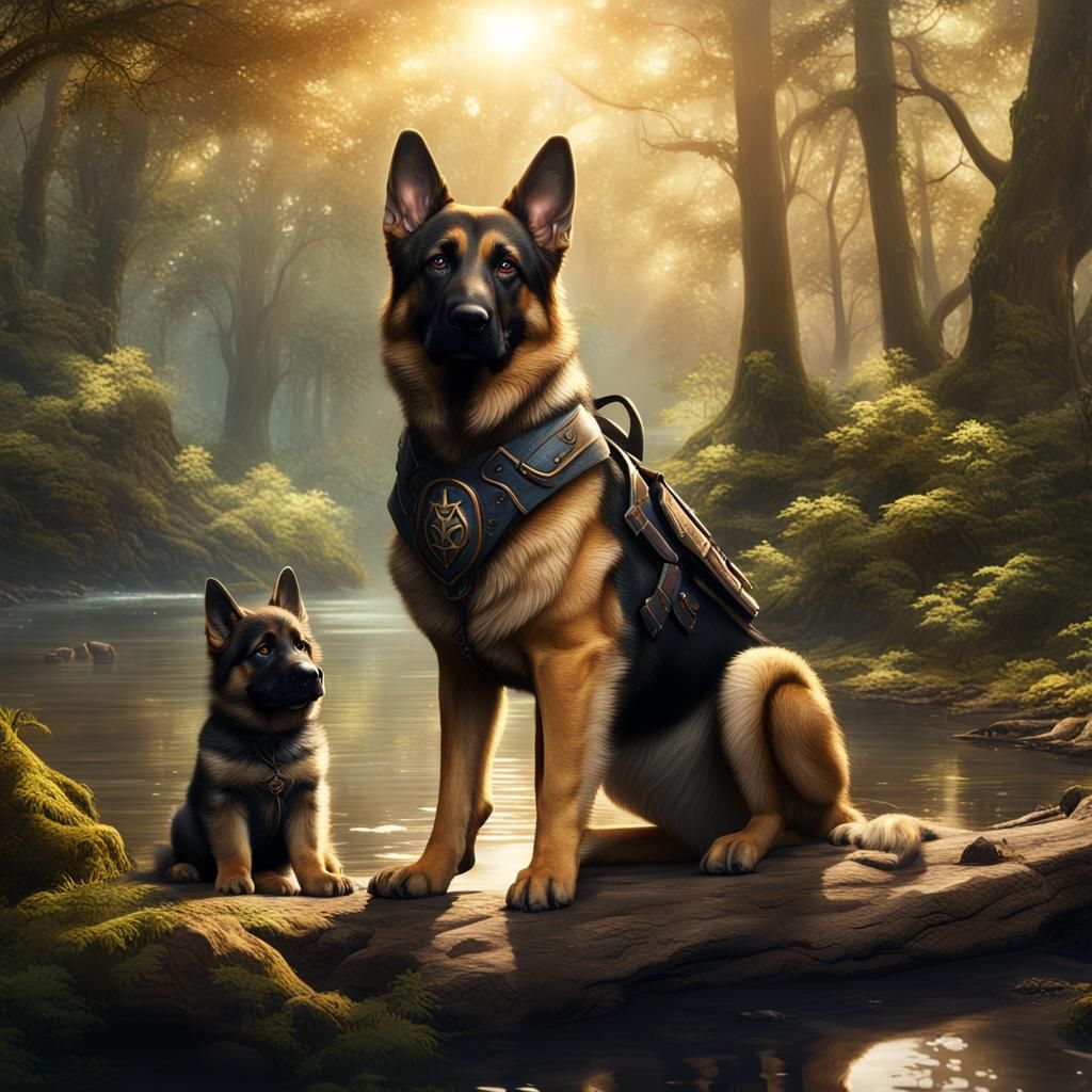 German Shepherd and Baby in Forest, Fantasy Art
