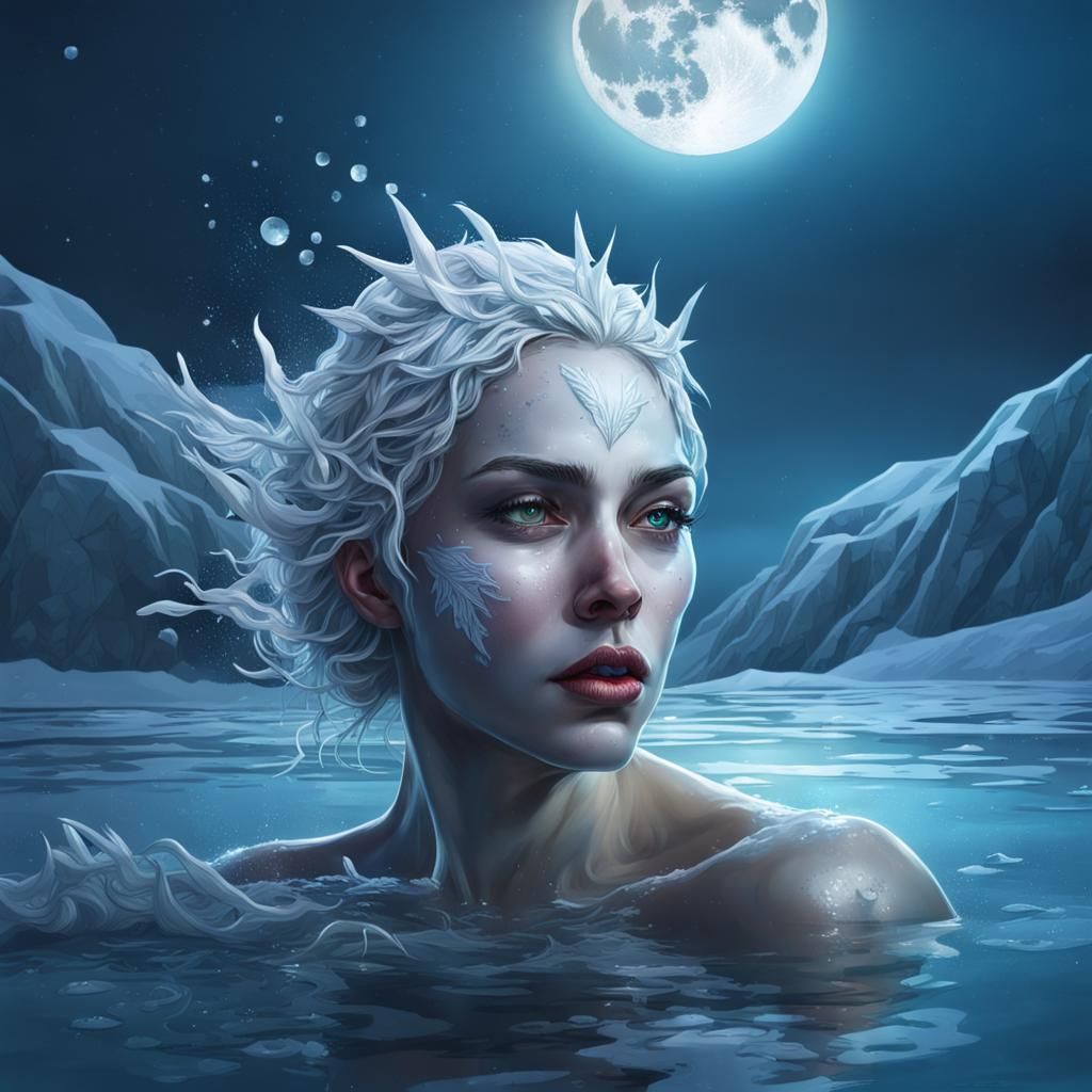 Ice Queen Swimming in Frozen Lake at Night