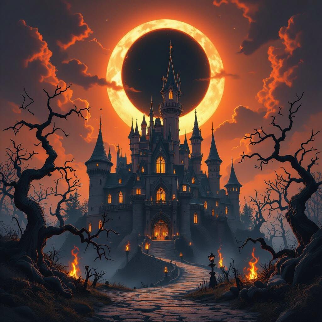 Spooky Halloween Town With Castle, Fire Moon, and Wisps