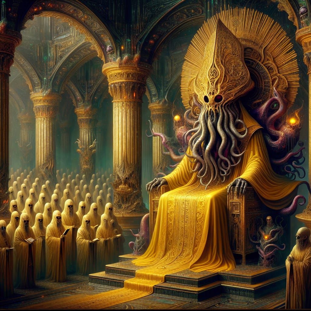 Otherworldly Entity in Yellow Robe with Wooden Mask