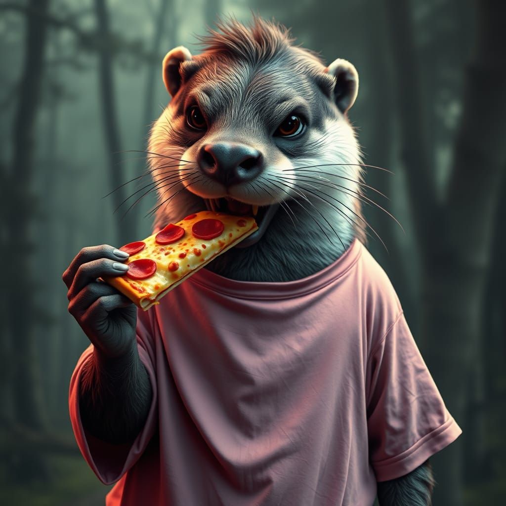 an otter eats pizza