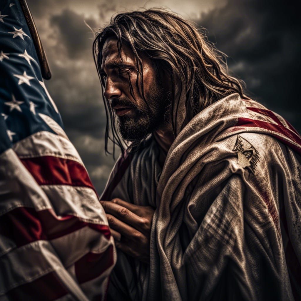 Jesus Weeping and Holding a Tattered American Flag