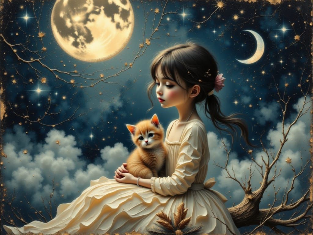 Girl Holding Kitten Under Luminous Moon