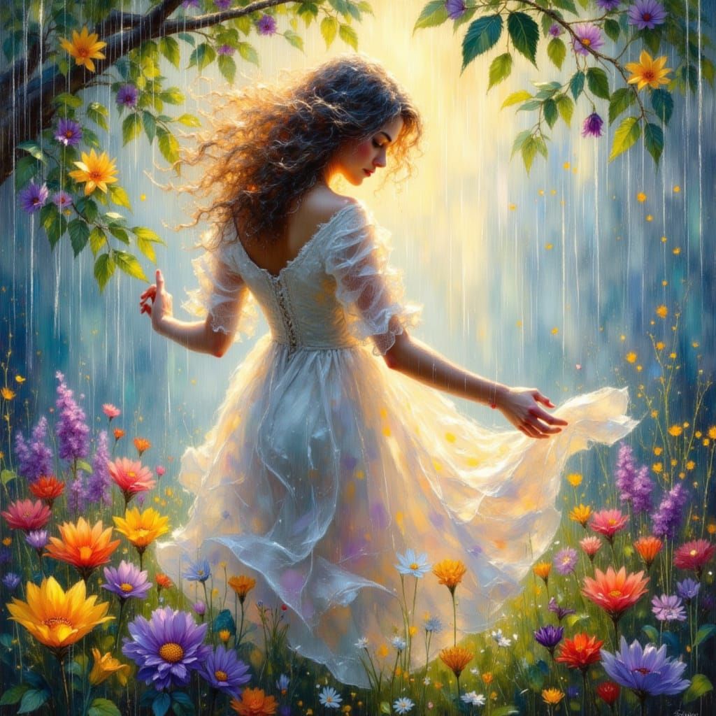 Sensual Woman Dancing in Summer Rain, Impressionistic Oil Pa...