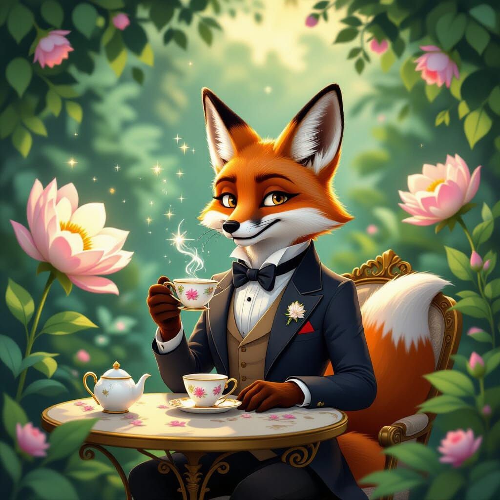 Anthropomorphic Fox in Ornate Garden with Starlight Tea
