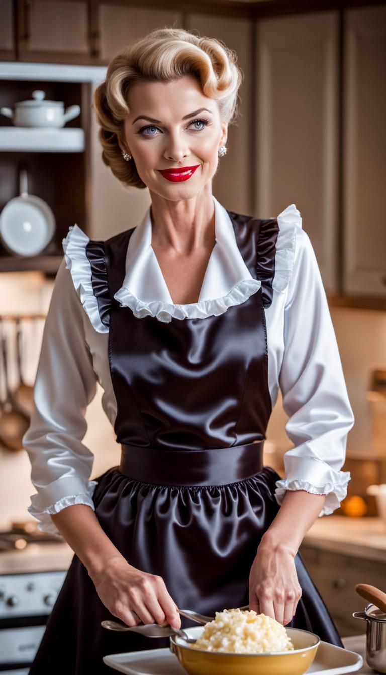 Vintage Fifties Housewife in Shiny Satin Dress