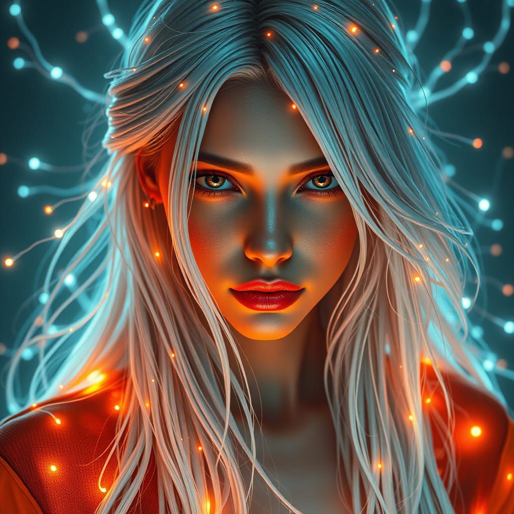Beautiful Woman With Glowing Circuit Hair