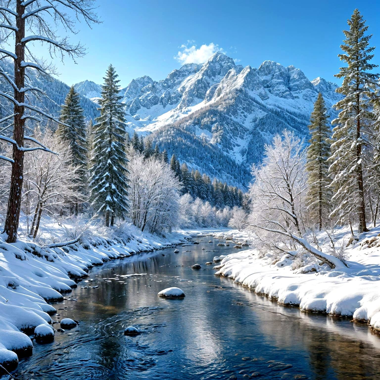 Winter Landscape with Snow-Covered Forest and Majestic Mount...