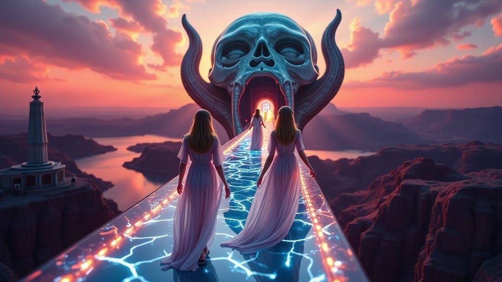 Ethereal Alien Goddesses Walk Crystal Bridge to Ancient Skul...