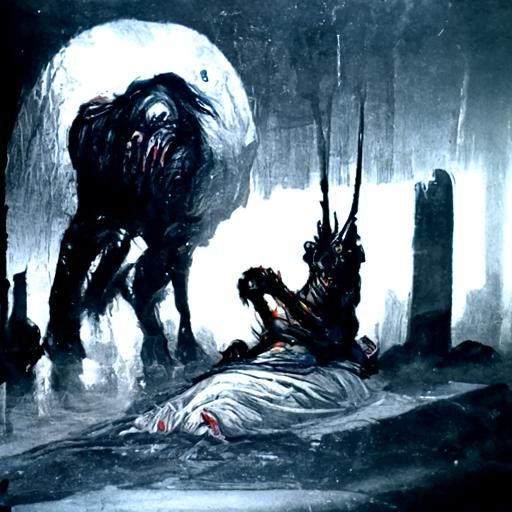 Horror Creature Cowering in Moonlit Carnage