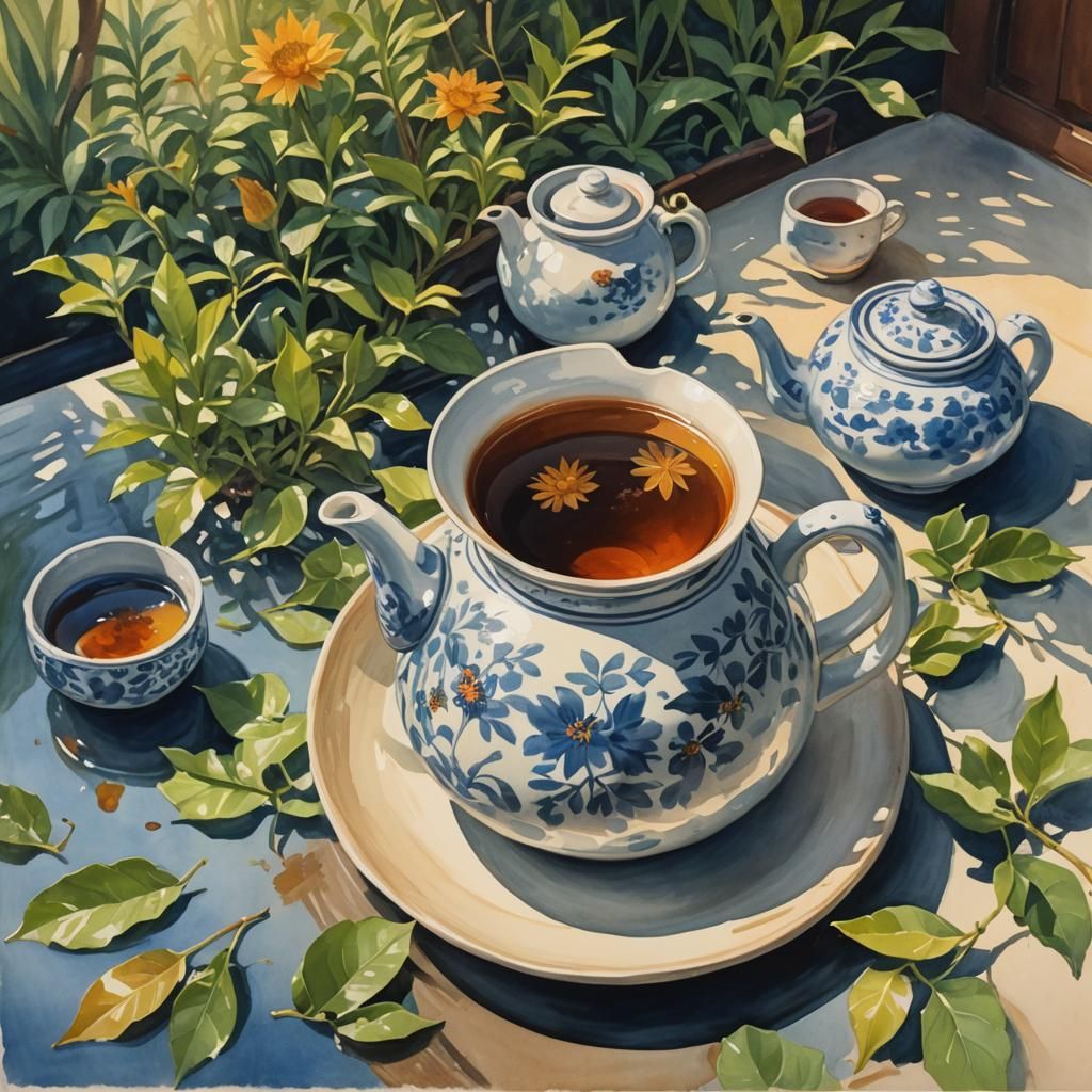 Tea Leaves in Chawan Teapot, Gouache Style