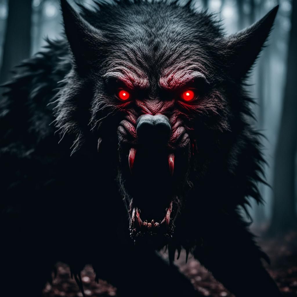 Menacing Werewolf with Luminescent Eyes in Dark Forest