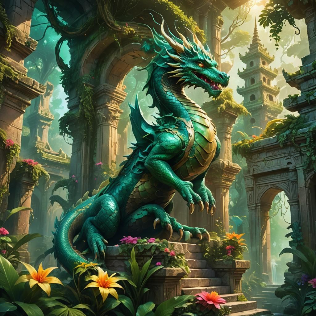 Fantasy Dragon Perched Atop Mystical Temple