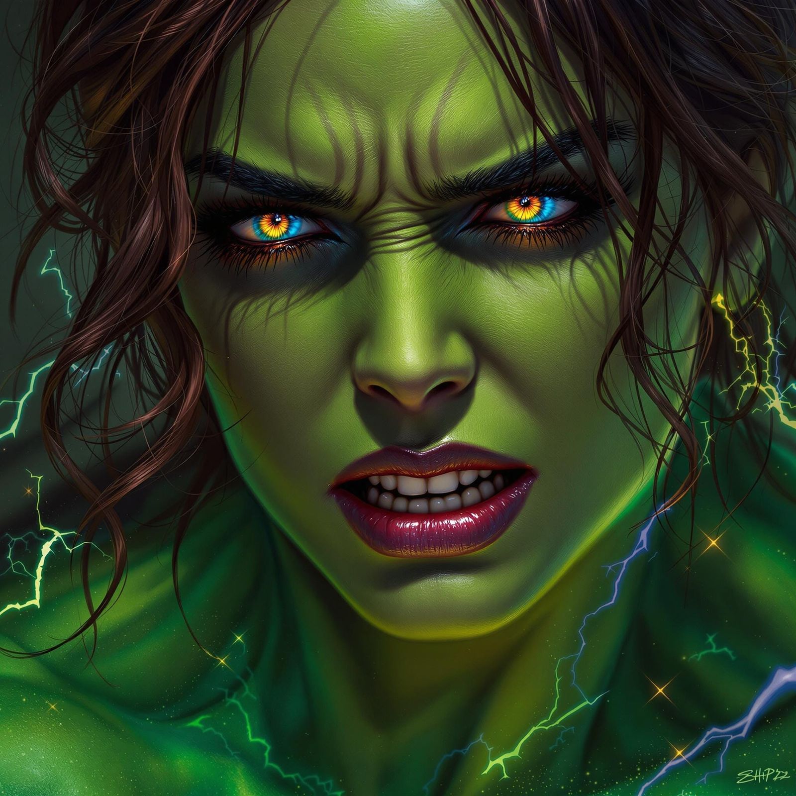 Natasha Romanoff transforming into a She Hulk.