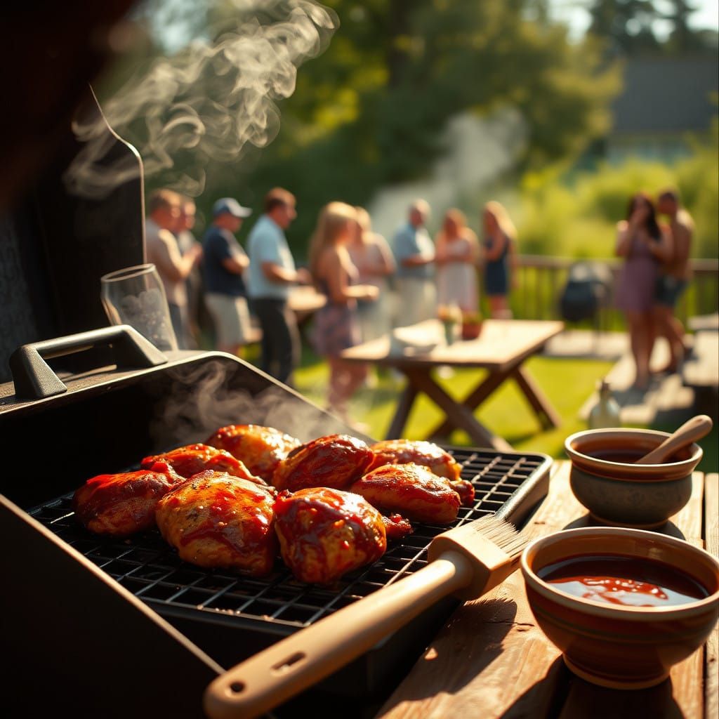 Idyllic Backyard BBQ Scene with Smoker and Golden Brown Chic...