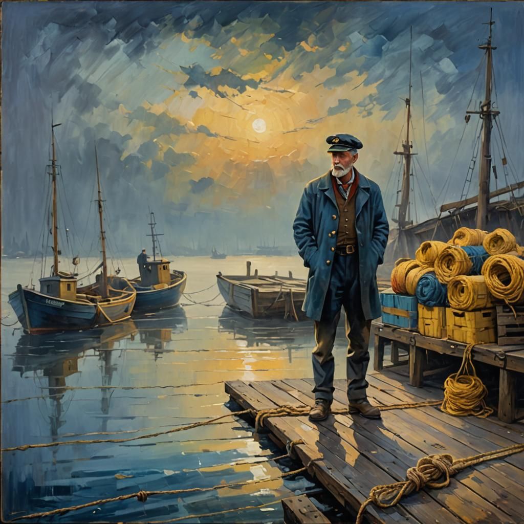Impressionist Sailor Awaits Storm on Deserted Dock