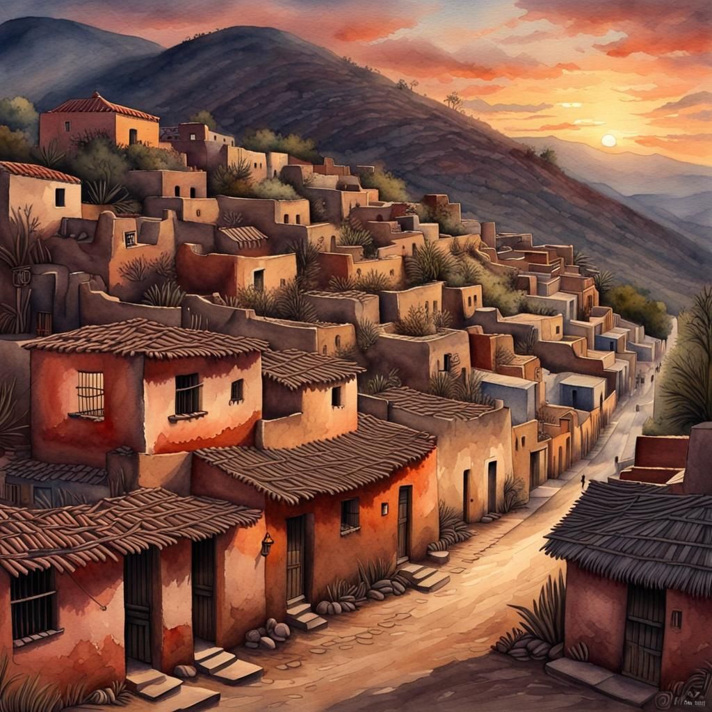 Mexican Village at Sunset: A Watercolor Painting