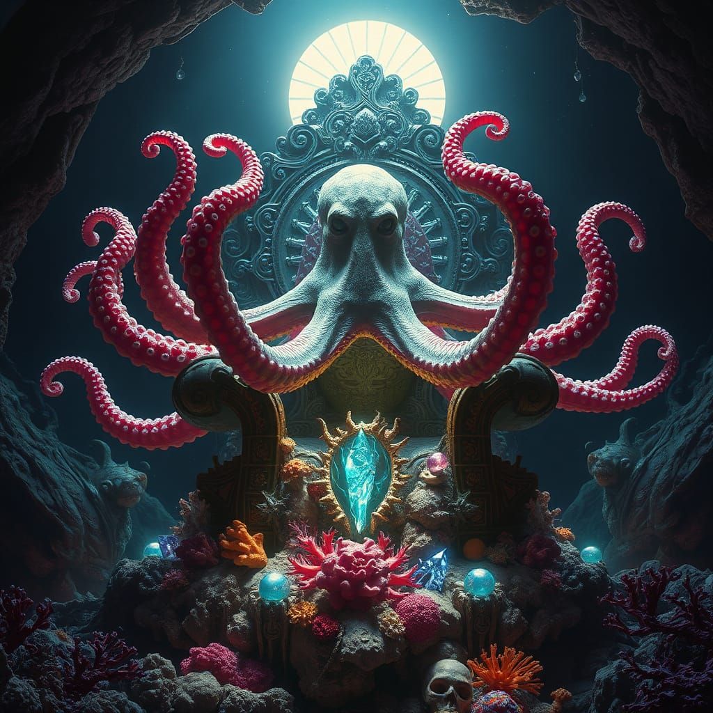 Majestic Octolich on Coral Throne in Underwater Lair