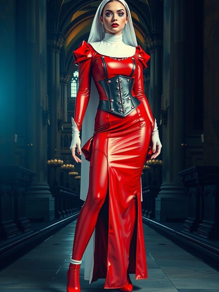 Gothic Nun in Latex Fashion Ensemble within Cathedral