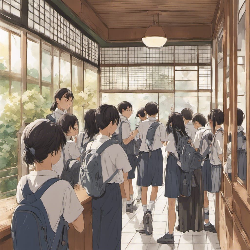 Japanese School Entrance: Students Arriving for New Day