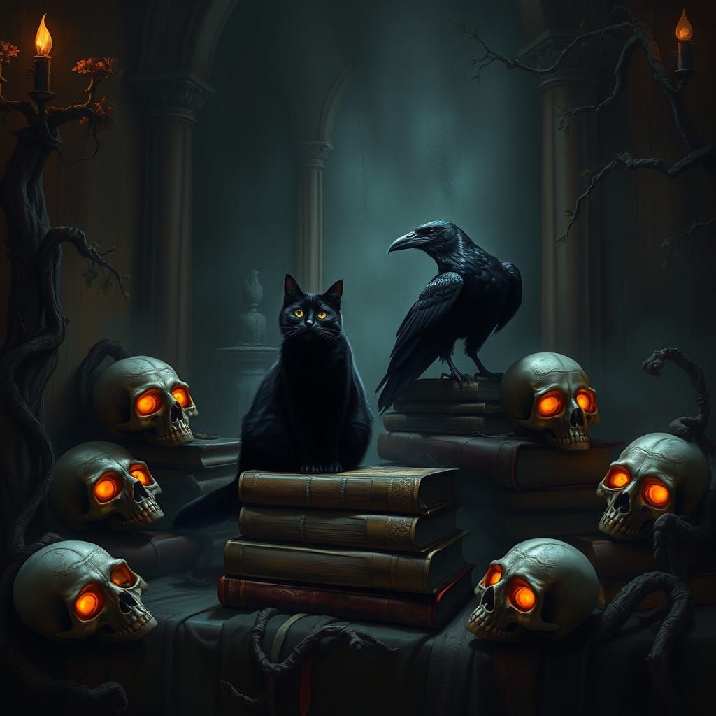Mystical Chamber with Black Cat, Raven, and Skulls