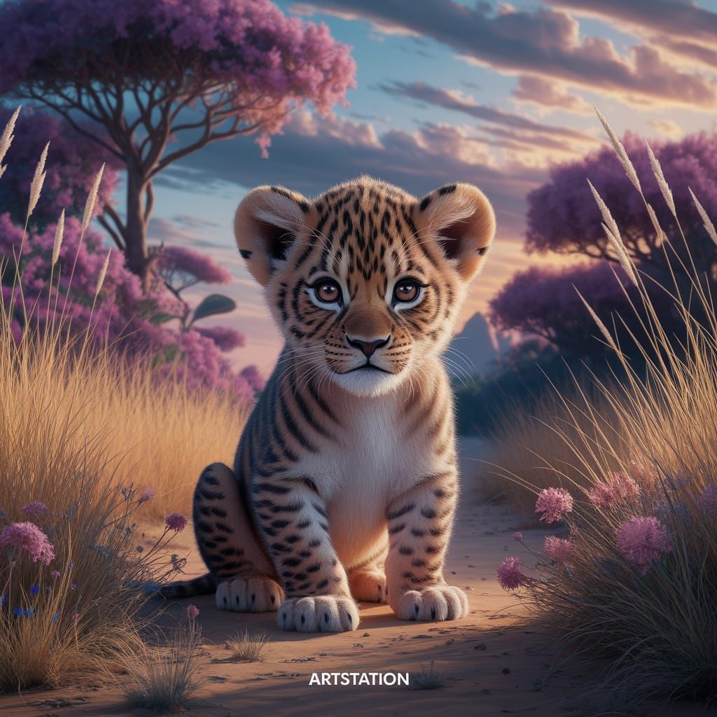 Cute Lion Cub in Savannah: Fantasy Concept Art