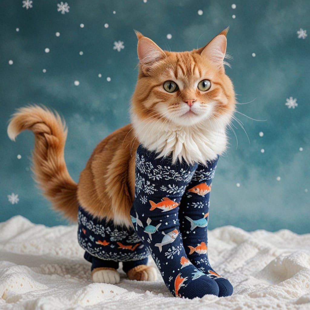 Elegant Cat with Fish Embroidered Socks
