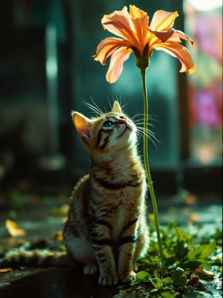 Cat Gazing at Flower in Gritty British Style