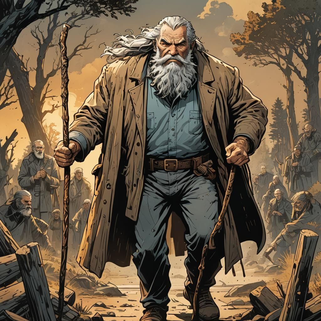 Muscular Old Man with Walking Stick in Comic Art